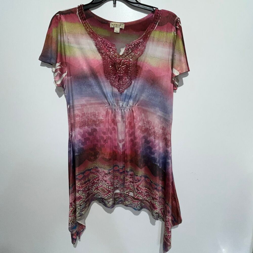 One World Women's Multicolor Crochet Sublimation Pleated Pullover Blouse Size XS